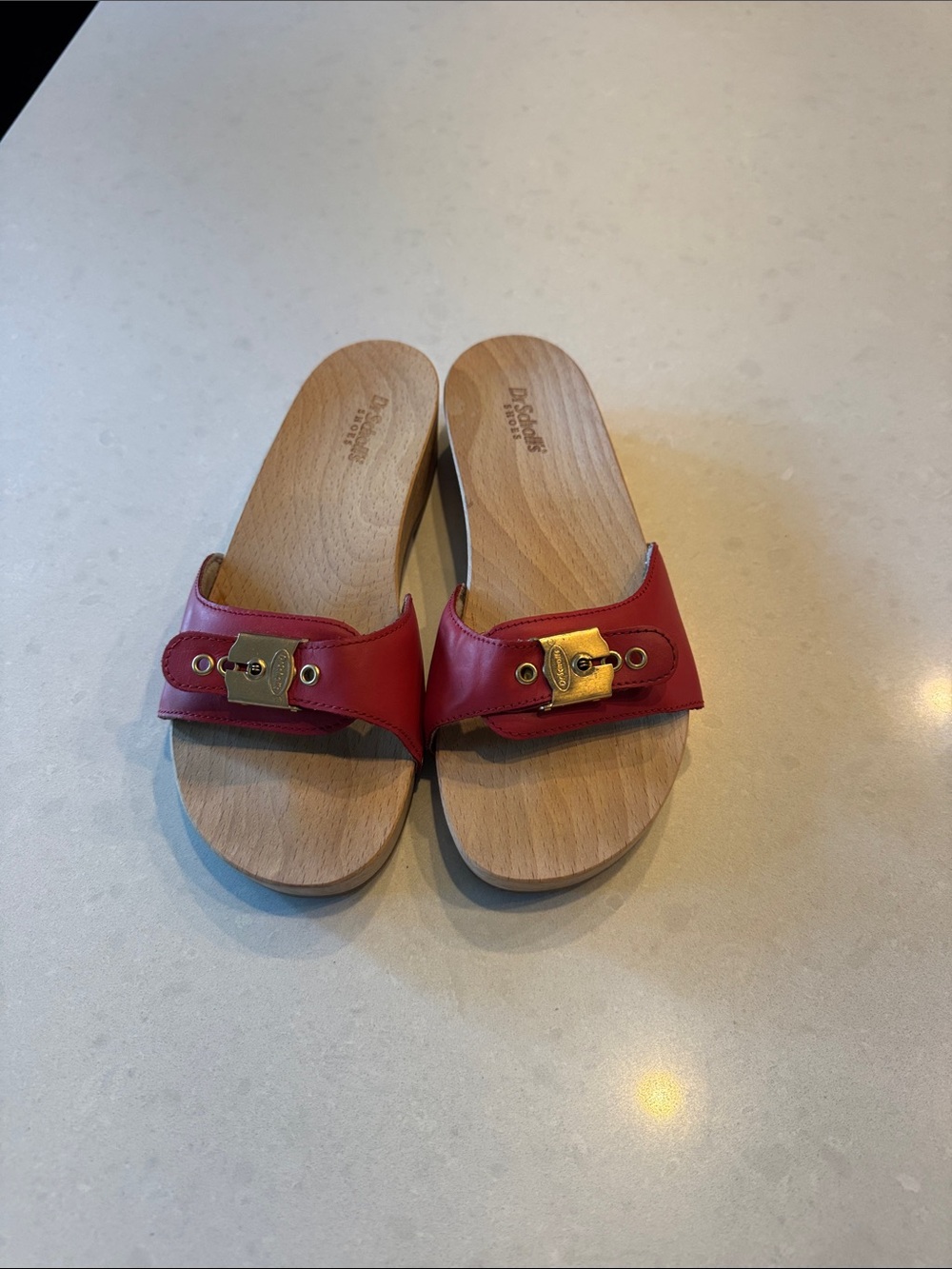 Dr. Scholl's Red Leather Slide Mules with Gold Buckle made in ltaly. Nice